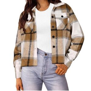 Flannel Plaid Utility Cropped Shacket Jacket Casual Women’s Cream Brown S.